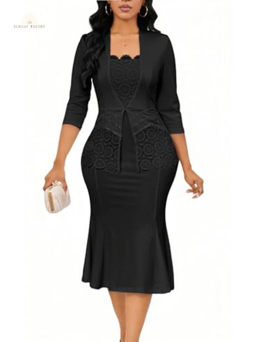Elegant Lace Midi Dress for Women Business Casual Short Sleeve High Waist